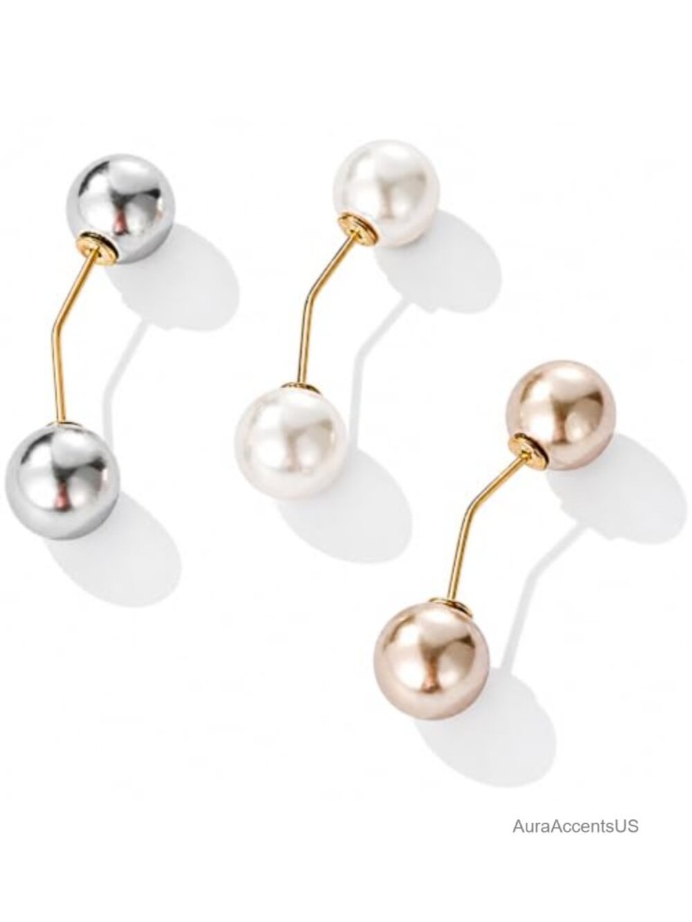 3-Pack Double-Ended Faux Pearl Brooch Pins for Clothes and Shawls